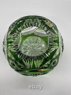 BOHEMIAN CZECH CASED CUT TO CLEAR EMERALD GREEN LEAD CRYSTAL Rose Bowl Vase
