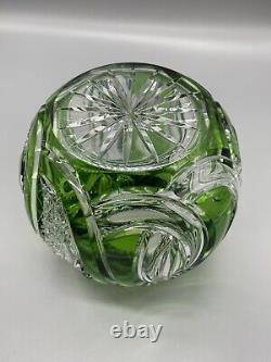 BOHEMIAN CZECH CASED CUT TO CLEAR EMERALD GREEN LEAD CRYSTAL Rose Bowl Vase