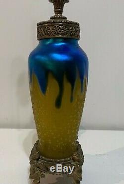 Beautiful Frederick Carder Steuben Blue Aurene/ Acid Cut Back Yellow Jade Lamp