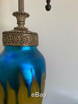 Beautiful Frederick Carder Steuben Blue Aurene/ Acid Cut Back Yellow Jade Lamp