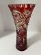 Beautiful Large German Bleikristall Red Cut To Clear Lead Chrystal Vase Trumpet