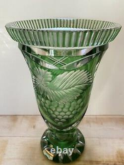 Beautiful Vintage Bohemian Czech Style Green Cut to Clear Glass Flower Vase 8.5