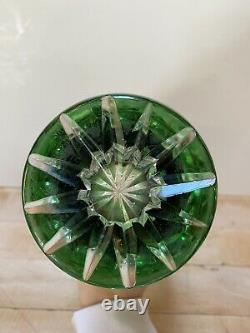 Beautiful Vintage Bohemian Czech Style Green Cut to Clear Glass Flower Vase 8.5