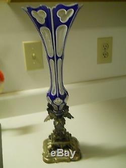 Biedermeier Period Blue Cut to White to Clear Vase with Ornate Silver Base