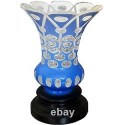 Blue Cut To Clear Art Glass Vase Deco Wooden Base Unsigned Heavy European 9-1/2