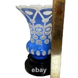 Blue Cut To Clear Art Glass Vase Deco Wooden Base Unsigned Heavy European 9-1/2