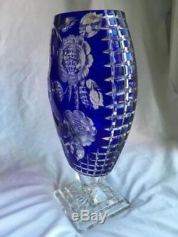 Bohemian Blue Cut To Clear Large Footed Crystal Vase