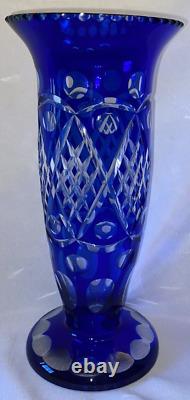 Bohemian Cobalt Blue Cut To Clear 12 1/2 Vase Glass Vintage Czech