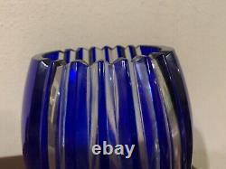 Bohemian Cobalt Blue Cut To Clear Crystal Glass Striped Vase 11 3/4
