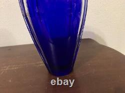 Bohemian Cobalt Blue Cut To Clear Crystal Glass Striped Vase 11 3/4
