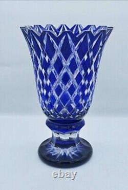 Bohemian Cobalt Blue Cut to Clear Sawtooth Footed Crystal Vase Diamond Design