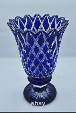 Bohemian Cobalt Blue Cut to Clear Sawtooth Footed Crystal Vase Diamond Design