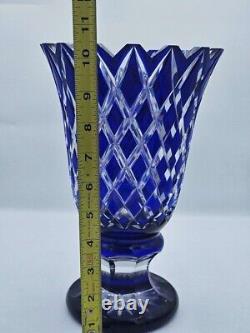 Bohemian Cobalt Blue Cut to Clear Sawtooth Footed Crystal Vase Diamond Design