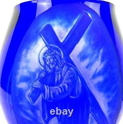 Bohemian Crystal Cobalt Cut To Clear Glass Jesus With Cross Cameo 9 1/8 Vase