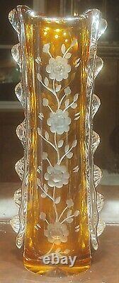 Bohemian Crystal Cut To Clear Floral Amber Unique Vase 13 3/4'' High