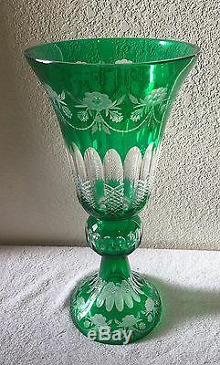 Bohemian Crystal Green Cut to Clear Czech Rebublic 17 Pedestal Vase WithBox New