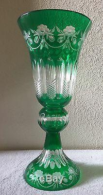 Bohemian Crystal Green Cut to Clear Czech Rebublic 17 Pedestal Vase WithBox New
