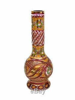 Bohemian Cut Cranberry to Clear Glass & Enamel Hand Painted Vase or Hookah Base