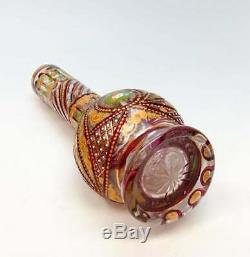 Bohemian Cut Cranberry to Clear Glass & Enamel Hand Painted Vase or Hookah Base