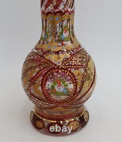 Bohemian Cut Glass and Enamel Cranberry Red and Clear Vase circa 1920