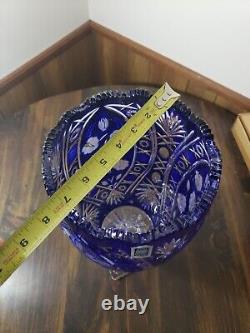 Bohemian Czech 15 Cut To Clear Cobalt Crystal Centerpiece Pedestal Flower Vase
