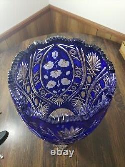 Bohemian Czech 15 Cut To Clear Cobalt Crystal Centerpiece Pedestal Flower Vase