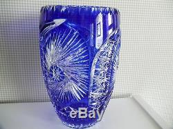 Bohemian Czech Cobalt Blue 10 Cut to Clear Glass Crystal Vase EUC
