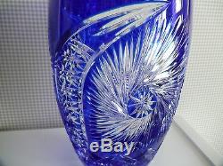 Bohemian Czech Cobalt Blue 10 Cut to Clear Glass Crystal Vase EUC