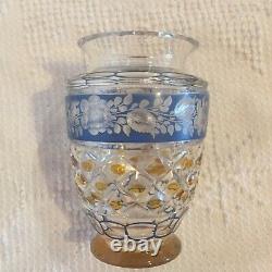 Bohemian Czech Crystal Cut Glass Vase Clear Amber Blue Floral Vintage 6 Tall