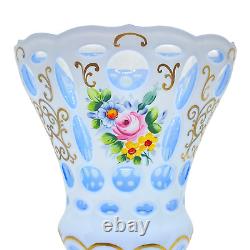 Bohemian Czech Cut to Blue Hand Painted Vase