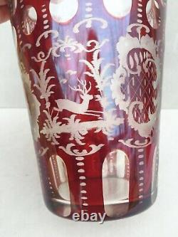 Bohemian Czech Egermann Ruby Red Etched Cut Glass Vase Antique Deer Scene 7x5