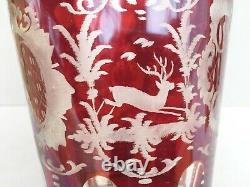 Bohemian Czech Egermann Ruby Red Etched Cut Glass Vase Antique Deer Scene 7x5