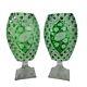 Bohemian Czech Green Cut To Clear Crystal Glass Footed Pedestal Vase Pair