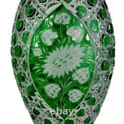 Bohemian Czech Green Cut to Clear Crystal Glass Footed Pedestal Vase Pair