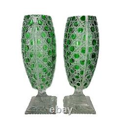 Bohemian Czech Green Cut to Clear Crystal Glass Footed Pedestal Vase Pair