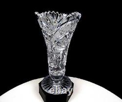 Bohemian Czech Heavy Cut Crystal Clear Glass Hobstar Crosshatch Rays 7 3/8 Vase