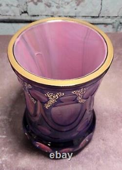 Bohemian Czech Moser Amethyst. Gold Gild Cut to Cased Pink Opaline Glass Vase