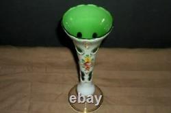 Bohemian Czech Moser Cased Glass Vase Cut White To Green HP Roses Stunning