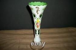 Bohemian Czech Moser Cased Glass Vase Cut White To Green HP Roses Stunning