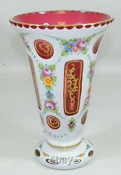 Bohemian Czech Moser Glass Vase Overlay Cut To Cranberry 9 1/2 Tall