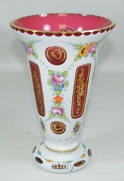 Bohemian Czech Moser Glass Vase Overlay Cut To Cranberry 9 1/2 Tall