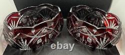 Bohemian Czech Ruby Red Scalloped Rim Cut To Clear Crystal Oval Bowls 7.5 x 4.5