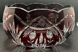 Bohemian Czech Ruby Red Scalloped Rim Cut To Clear Crystal Oval Bowls 7.5 x 4.5