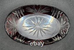 Bohemian Czech Ruby Red Scalloped Rim Cut To Clear Crystal Oval Bowls 7.5 x 4.5