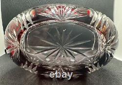 Bohemian Czech Ruby Red Scalloped Rim Cut To Clear Crystal Oval Bowls 7.5 x 4.5