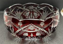 Bohemian Czech Ruby Red Scalloped Rim Cut To Clear Crystal Oval Bowls 7.5 x 4.5