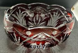 Bohemian Czech Ruby Red Scalloped Rim Cut To Clear Crystal Oval Bowls 7.5 x 4.5