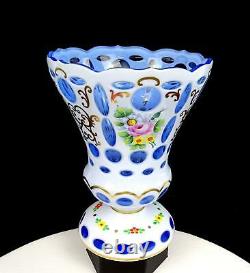 Bohemian Czech White Cut To Light Blue Gilded Heavy Crystal Large 8 1/8 Vase