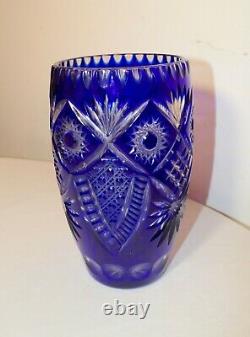 Bohemian Czech vintage hand wheel cut to clear cobalt blue glass crystal vase