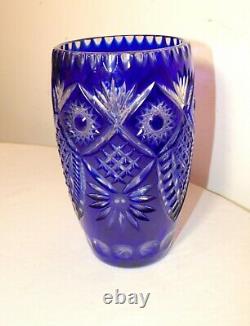 Bohemian Czech vintage hand wheel cut to clear cobalt blue glass crystal vase